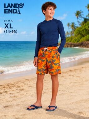 Lands’ End Boys Orange Camo Swim Trunks Board Shorts XL 14-16